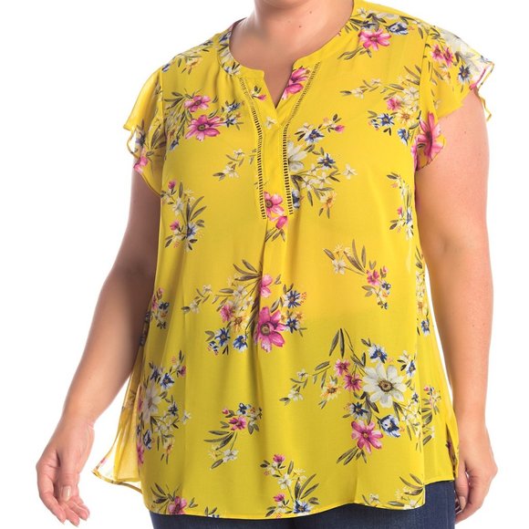 DR2 Tops - NWT - DR2 Women's Sheer Floral Blouse Top Chartreu